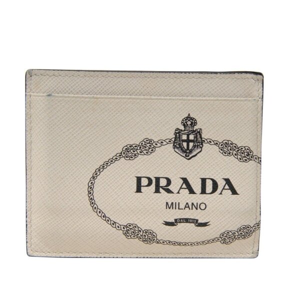Prada Card Holder Wallet Off-White Cream Black Leather Four Slot Logo Print - Picture 1 of 14